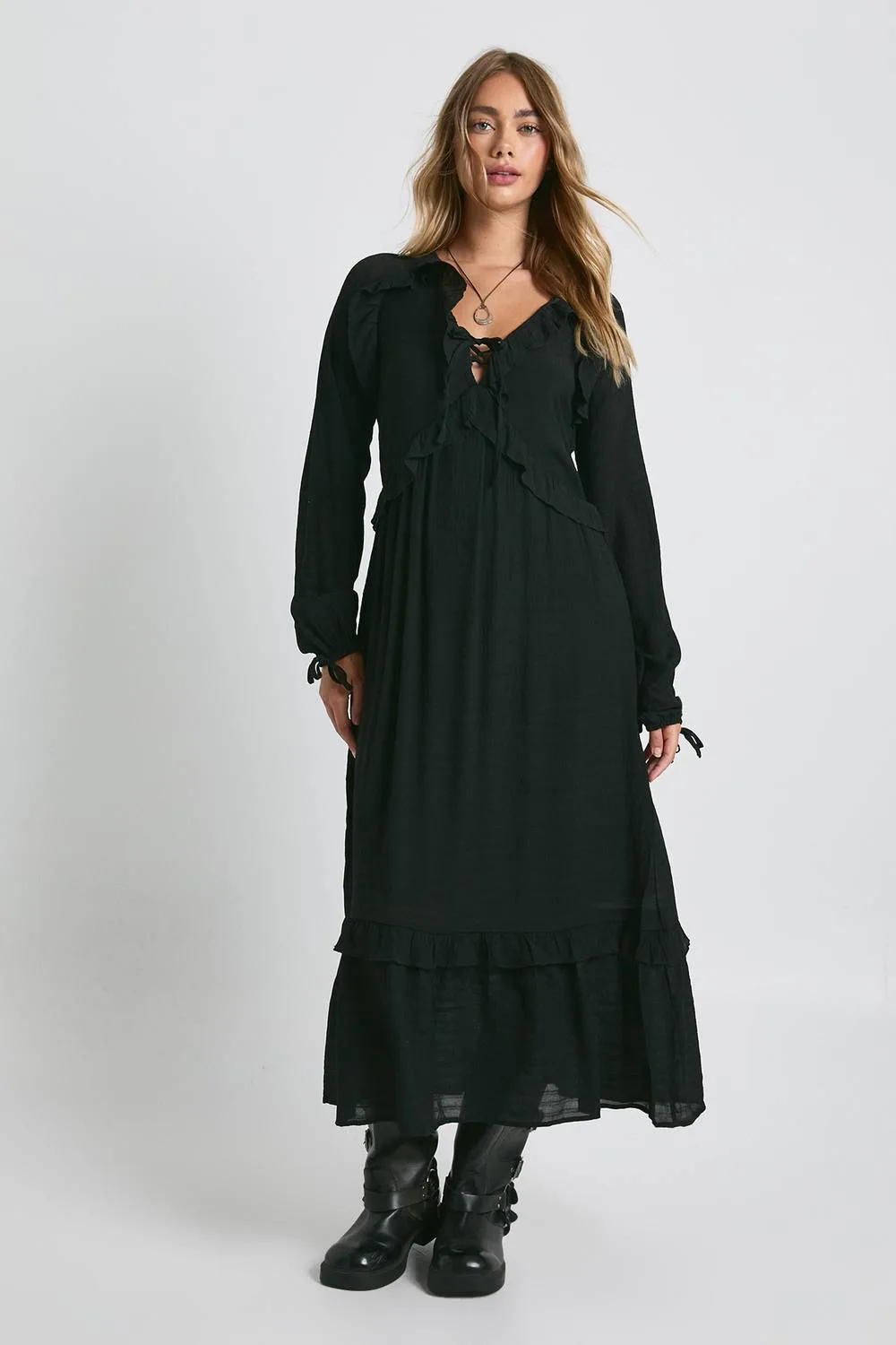 Long Sleeve Maxi Dress with Frill Detail by boohoo