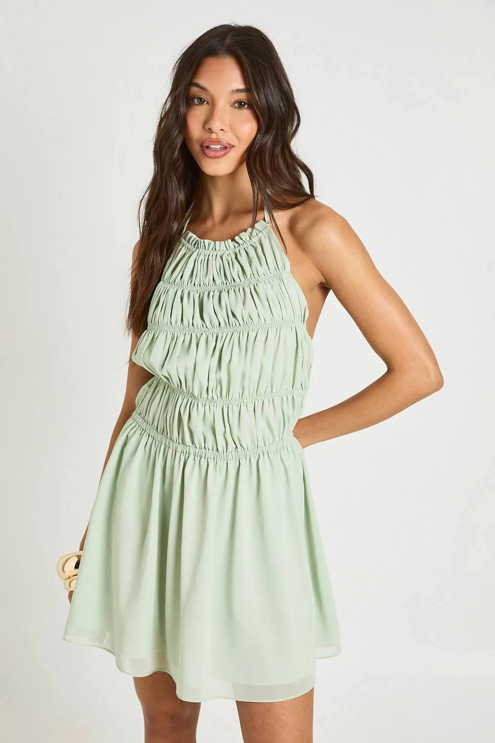 Chiffon Shirred Halterneck Mini Dress by boohoo