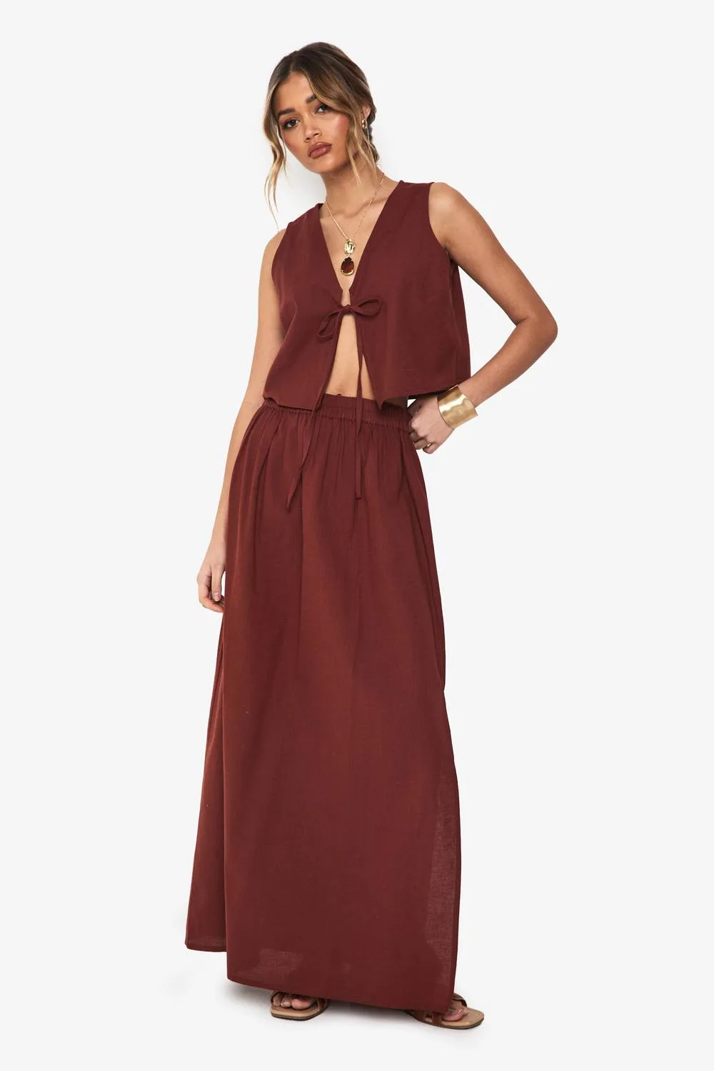 Linen Look Tie Front Crop & Maxi Skirt Co-Ord by boohoo