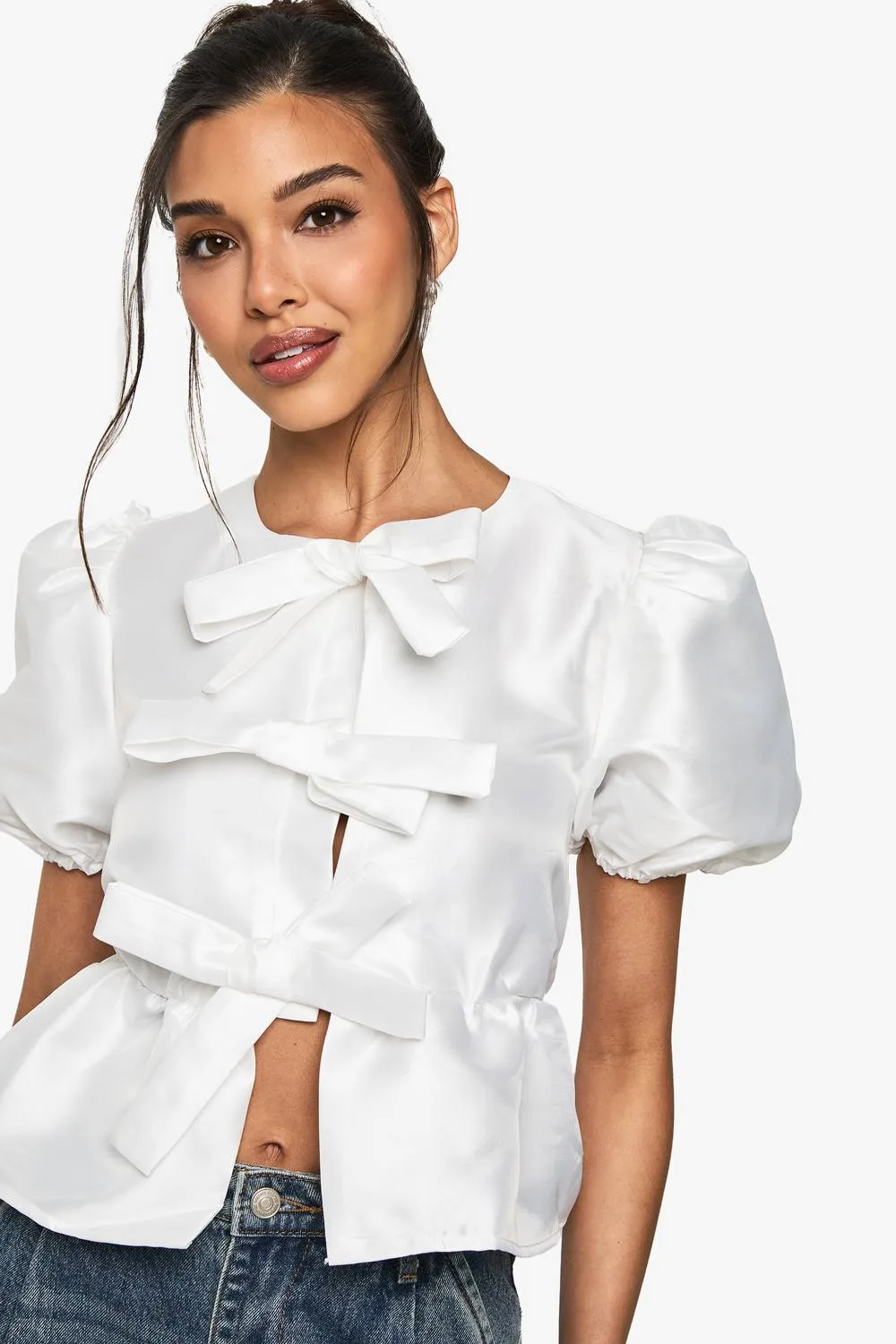Taffeta Tie Front Puff Sleeve Smock Top by boohoo