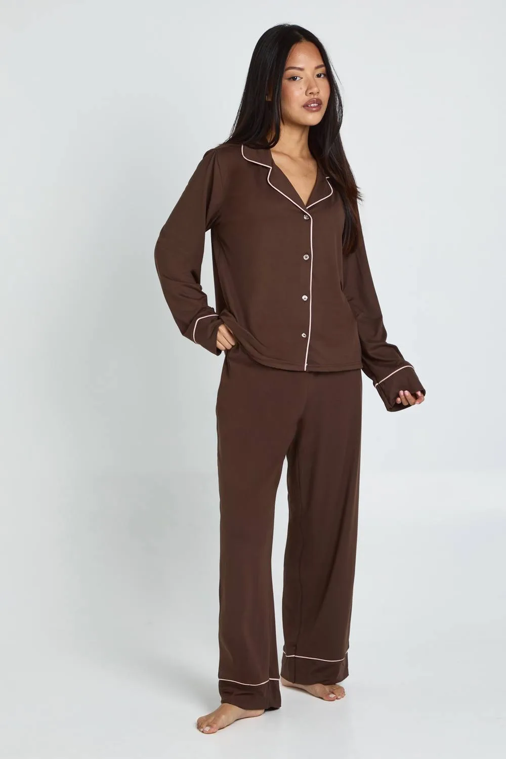 Piping Detail Long Sleeve Shirt & Trouser Pyjama Set