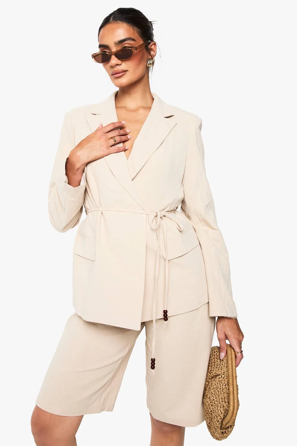 Linen Wrap Over Beaded Tie Detail Blazer by boohoo