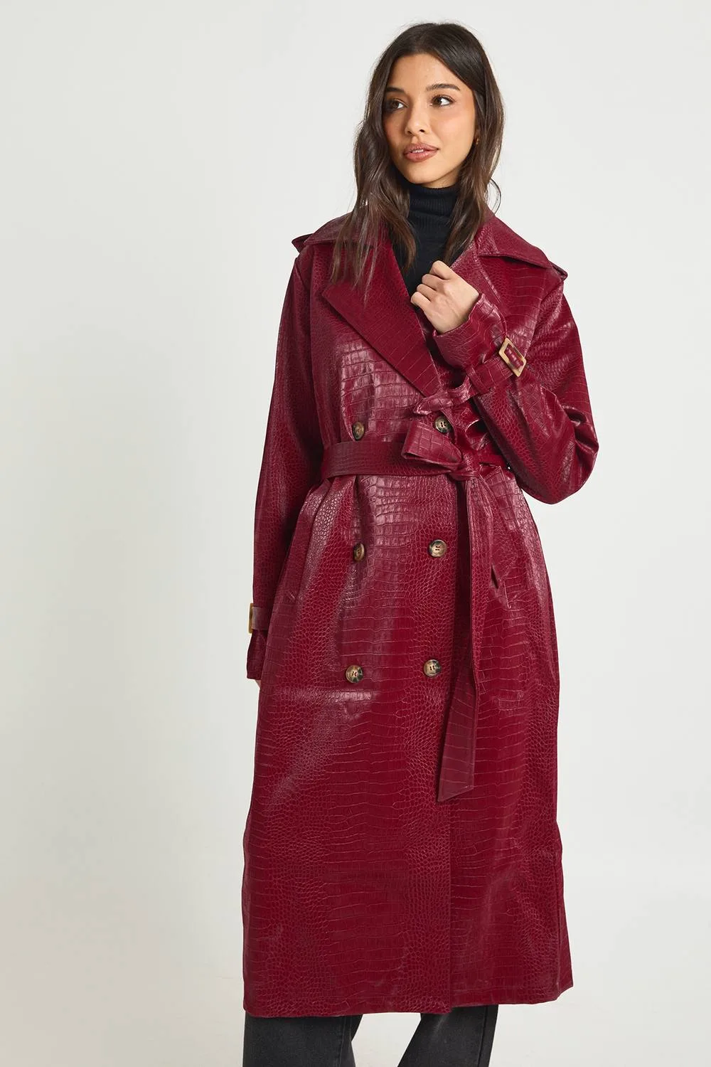 Croc Faux Leather Trench Coat by boohoo