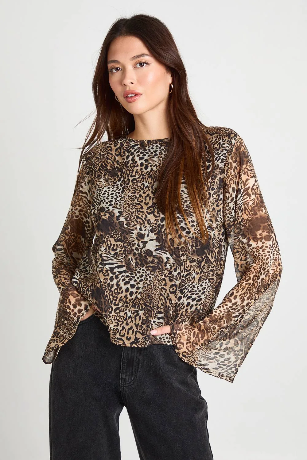 Leopard Chiffon Flare Sleeve Blouse by boohoo