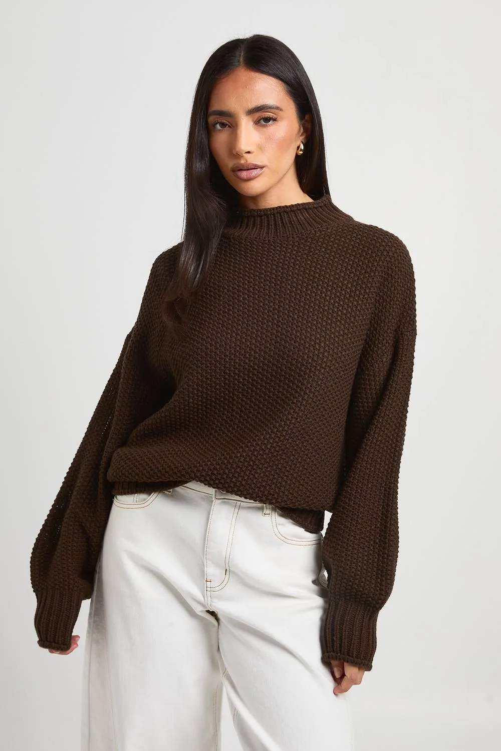 High Neck Roll Edge Knitted Jumper by boohoo