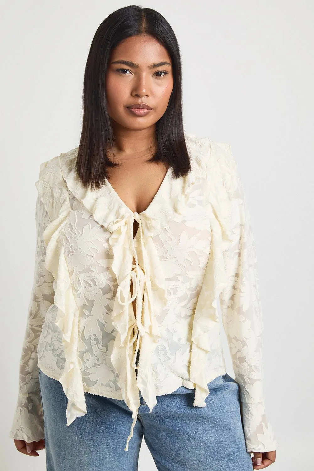 Burnout Double Ruffle Tie Front Blouse - Denim by boohoo