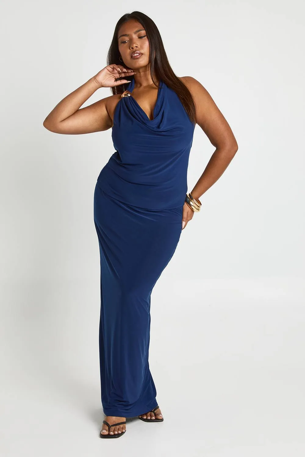 Cowl Neck Gold Trim Top & Column Maxi Skirt Co Ord - Polyurethane by boohoo