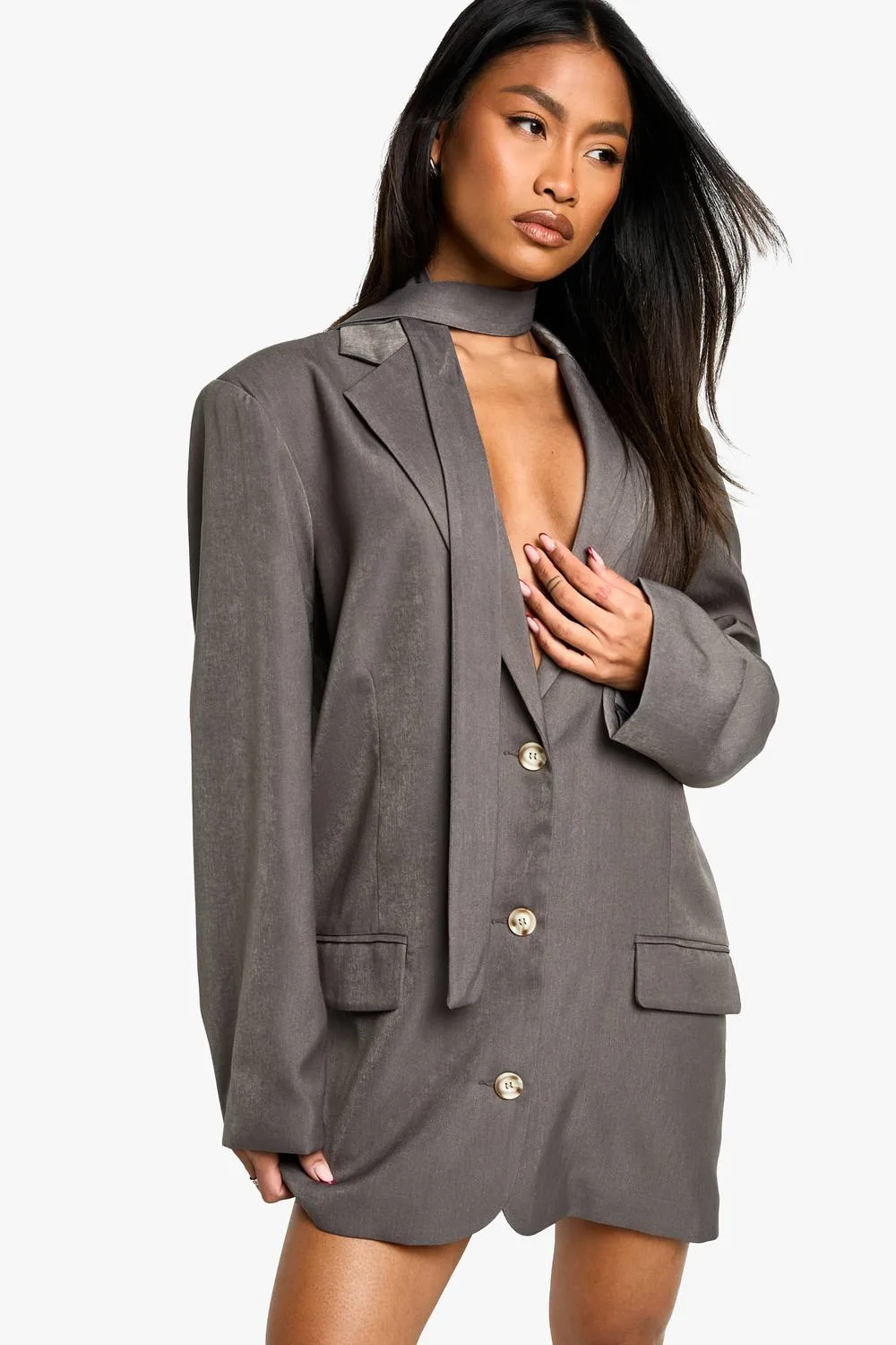 Tailored Oversized Boxy Fit Scarf Detail Blazer Dress - Woven by boohoo