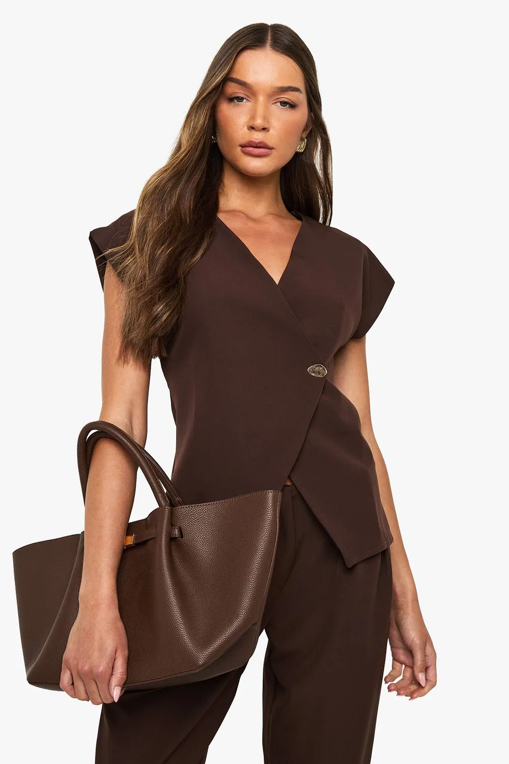 Gold Button Wrap Top - Polyurethane/Woven by boohoo