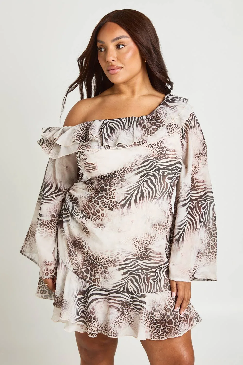 Mixed Animal Strappy Ruffle Chiffon Mini Dress by boohoo