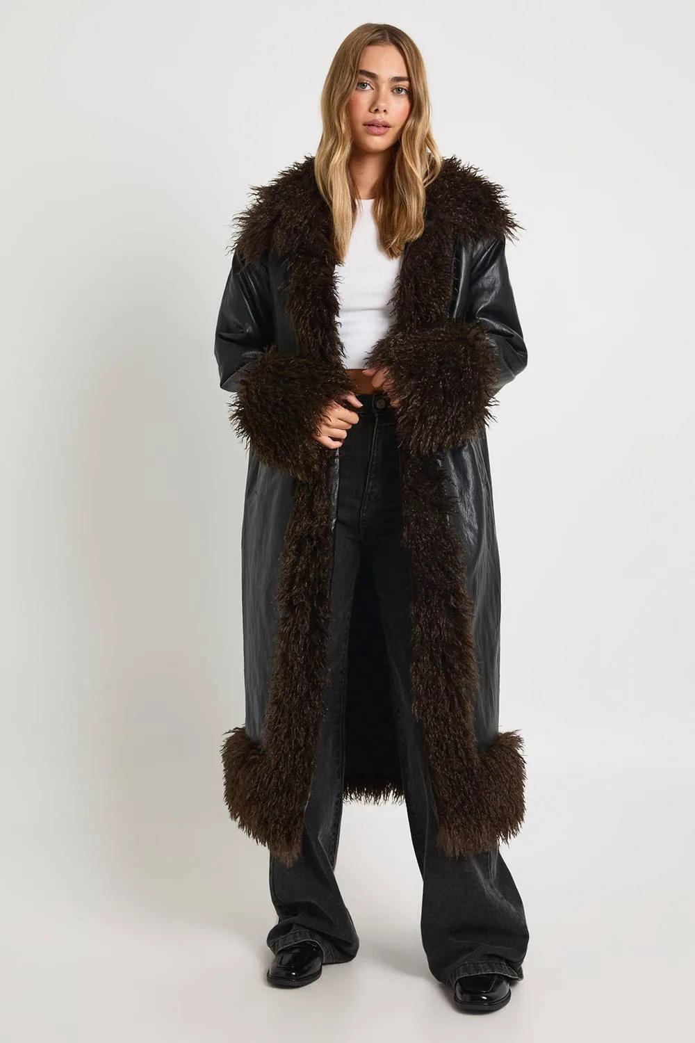 Faux Fur Trim Faux Leather Maxi Coat by boohoo
