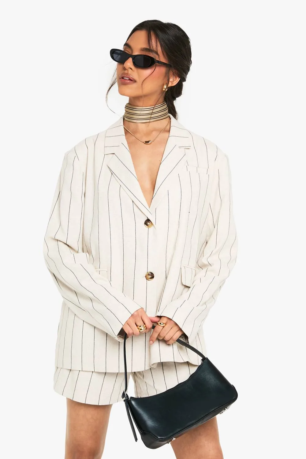 Tailored Linen Look Striped Oversizer Blazer by boohoo