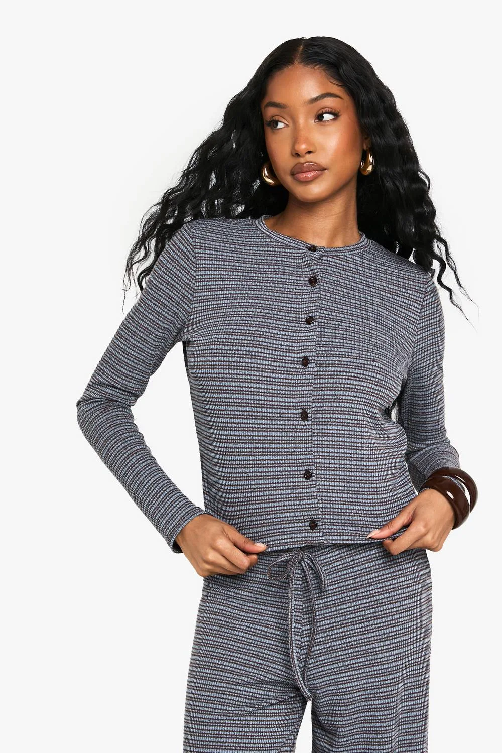 Striped Jersey Button Through Top - Denim by boohoo