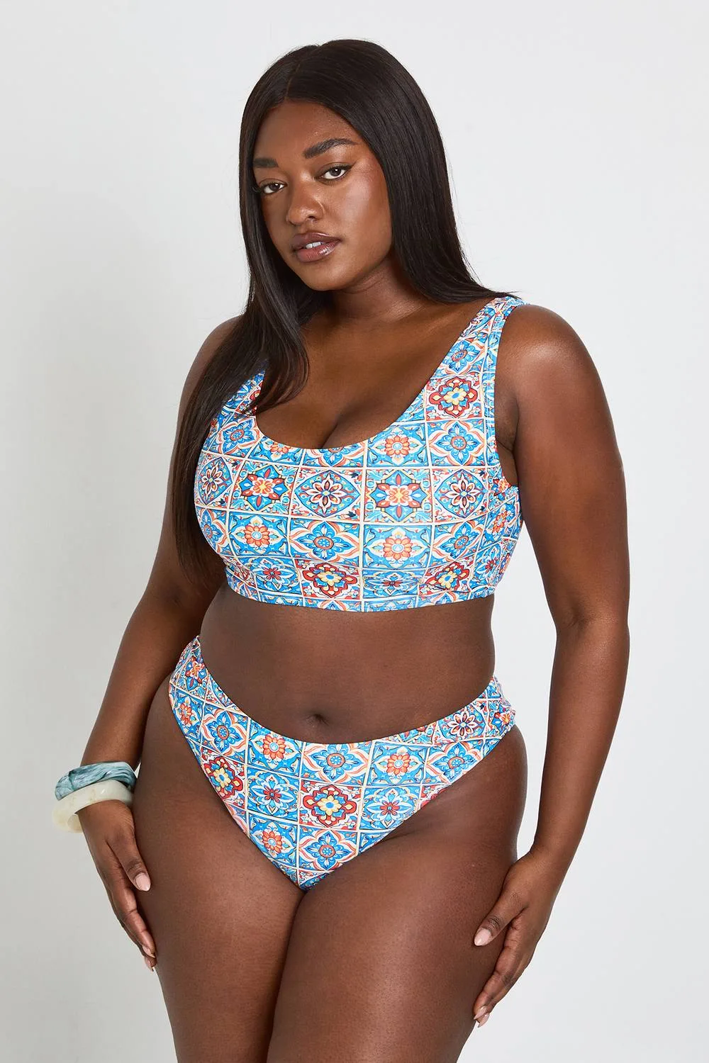 Tile Print Scoop Bikini Set - Linen/Polyurethane/Woven by boohoo
