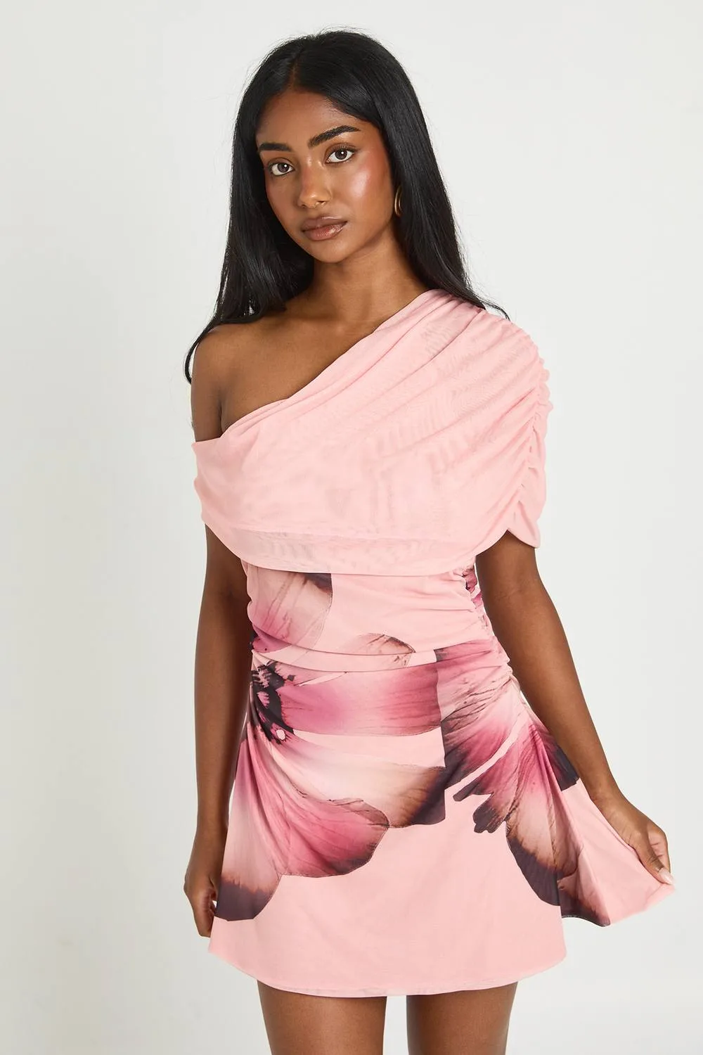 Mesh Large Floral One Shoulder Mini Dress by boohoo