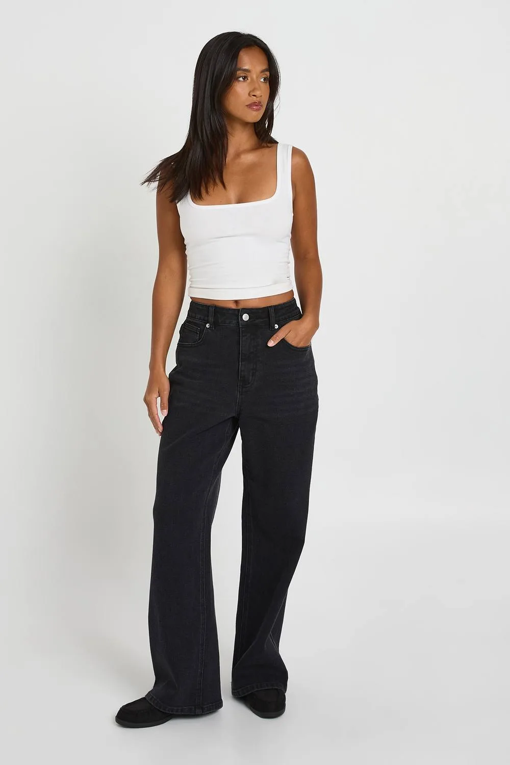 The Petite High Waist Straight Leg Jean in Washed Black - Size: 10 - Denim/Elastane/Polyurethane