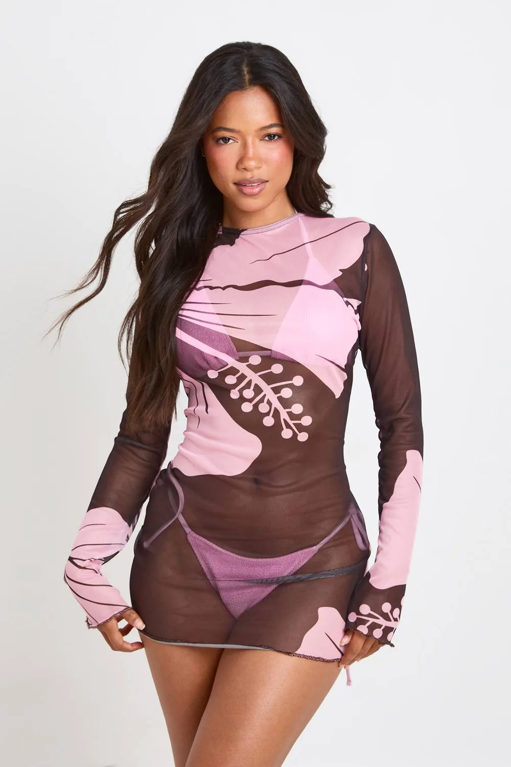 Floral Print Sheer Mesh Beach Mini Dress - Mesh/Polyurethane/Woven by boohoo