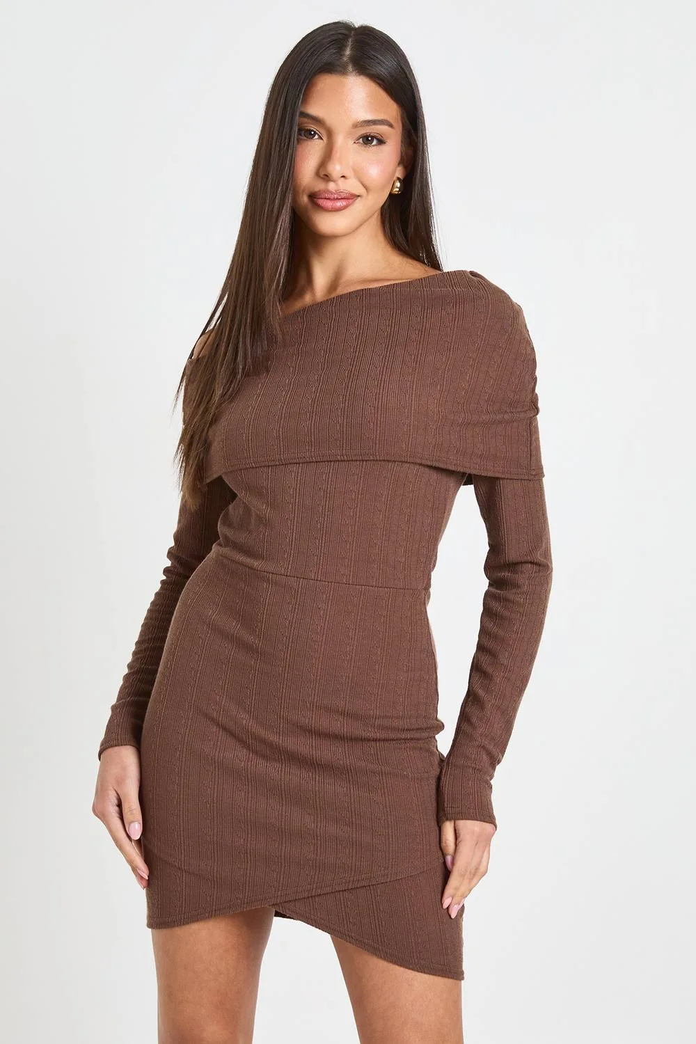 Crinkle Rib Fold Over Bardot Dress - Denim