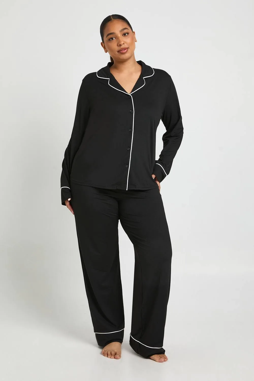 Piping Detail Long Sleeve Shirt & Trouser Pyjama Set - Cotton by boohoo