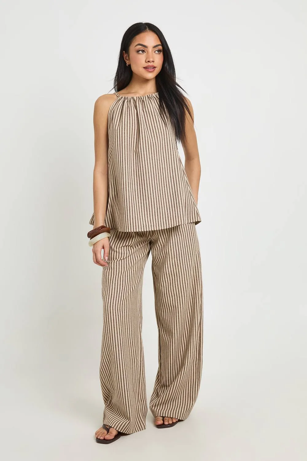 Linen Look Stripe Wide Leg Trousers - Linen/Polyurethane/Woven