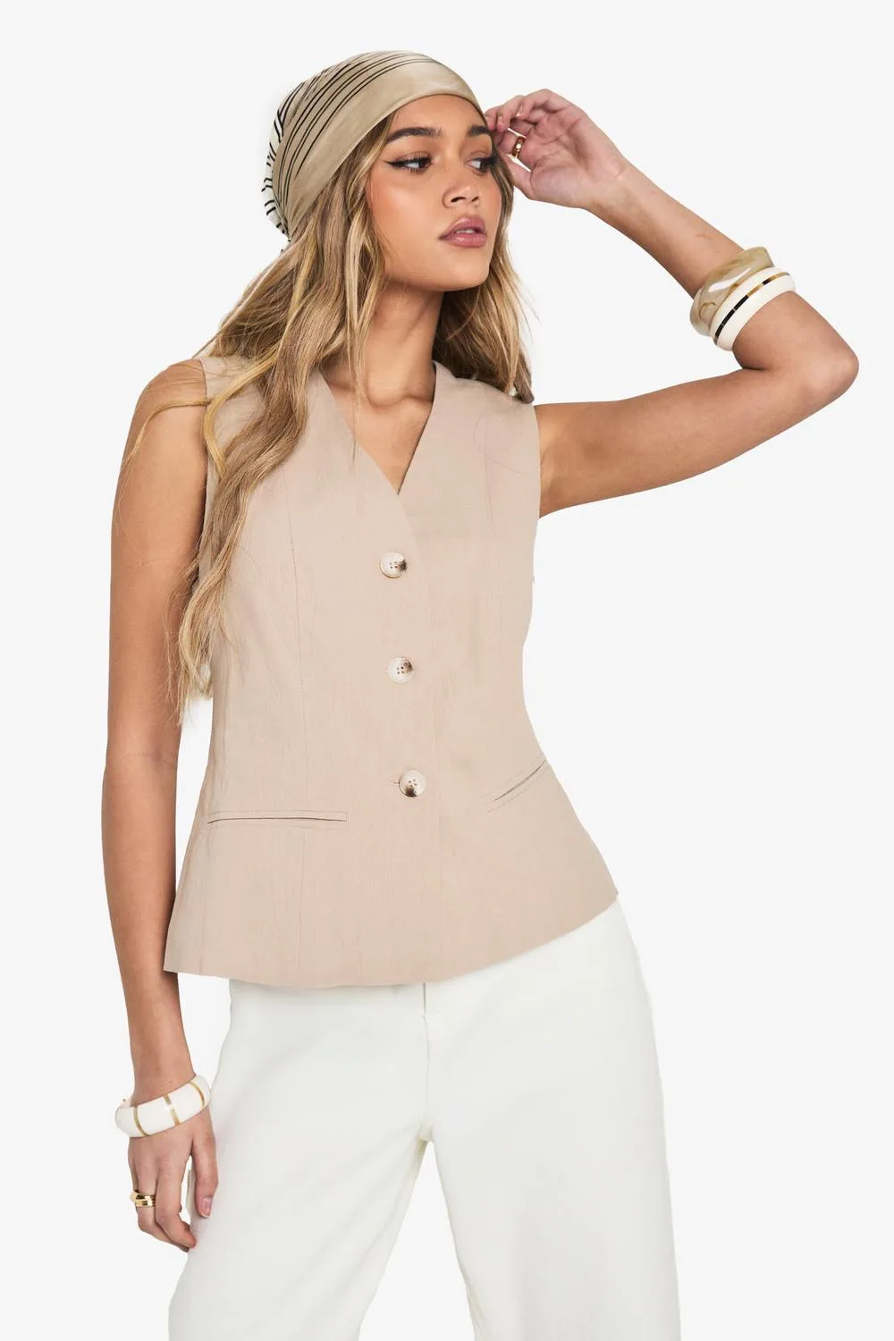Tailored Linen Look Button Waistcoat - Denim/Linen by boohoo