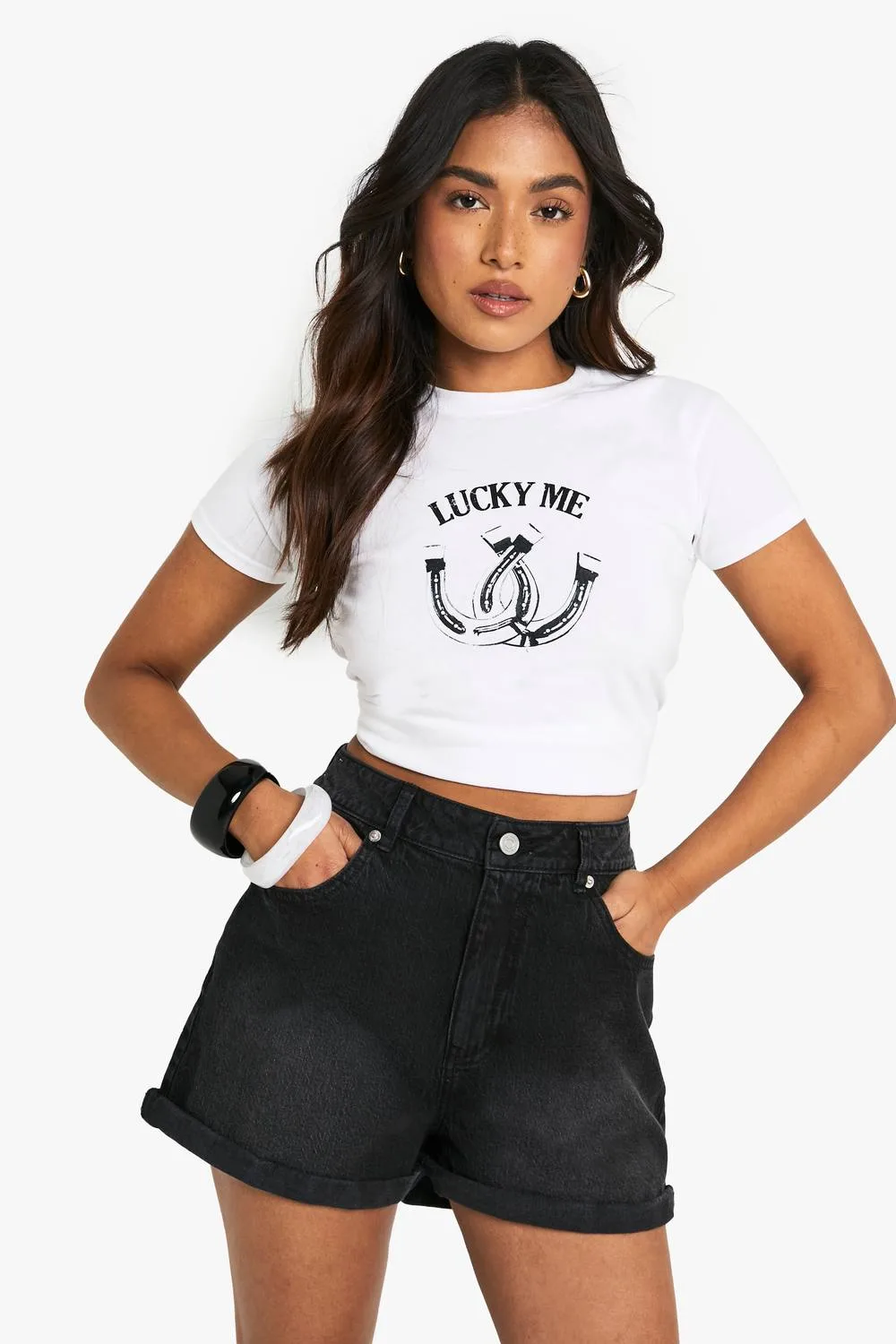 Petite Denim Mom Short in Washed Black by boohoo