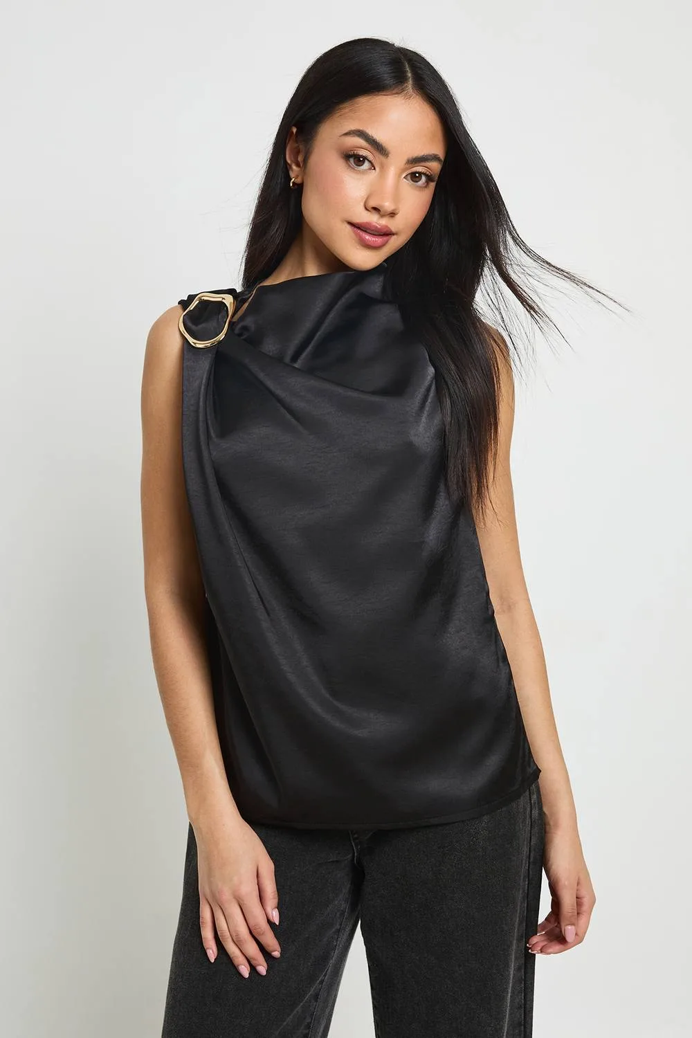 Gold Trim Draped Sleeveless Top - Denim/Satin by boohoo