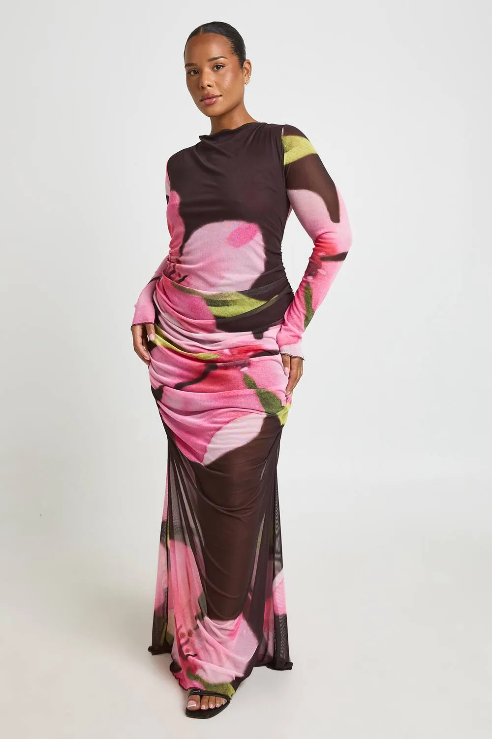 Floral Ruched Mesh Maxi Dress by boohoo