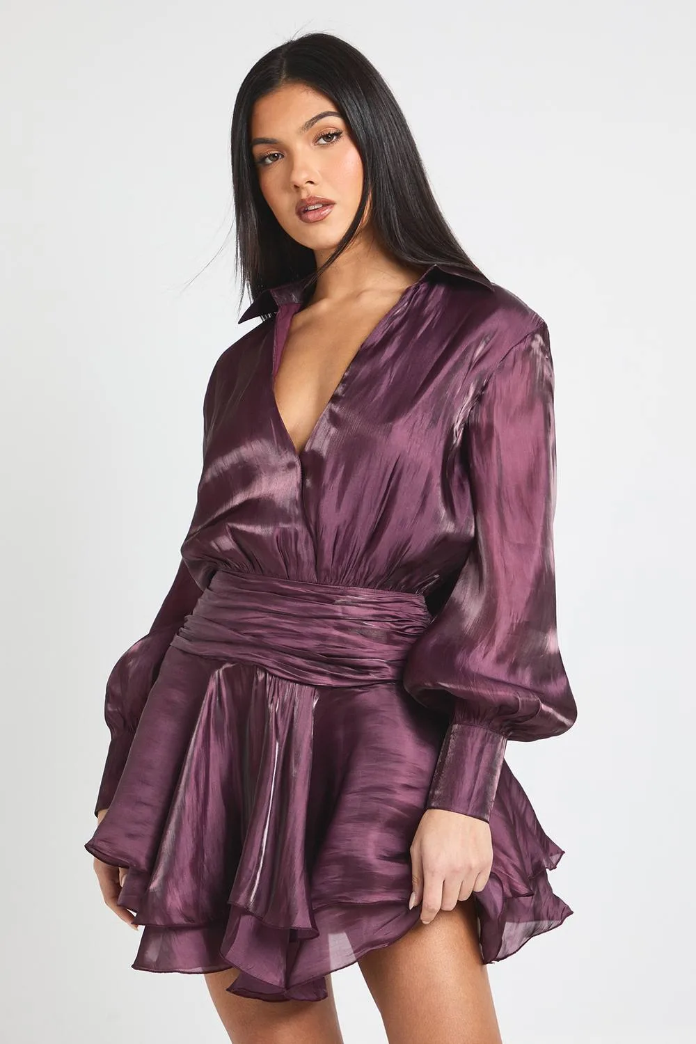 Textured Satin Ruched Frill Skirt Mini Dress
