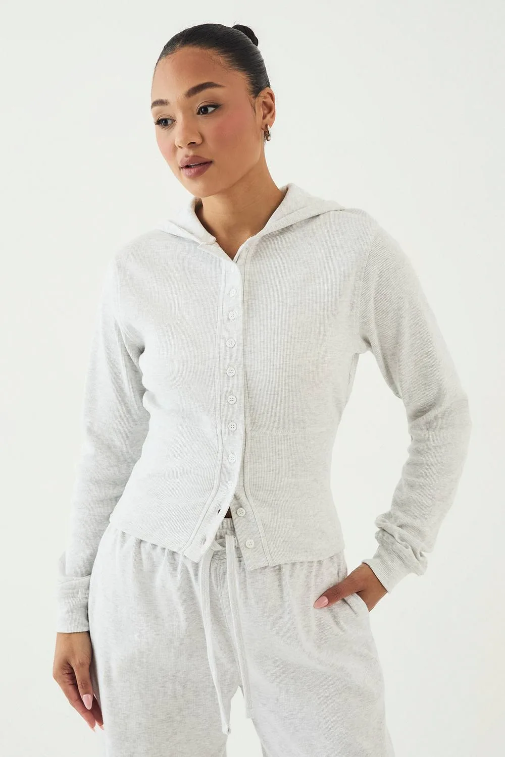 Button Through Cinched Hooded Rib Top - Denim by DSGN Studio