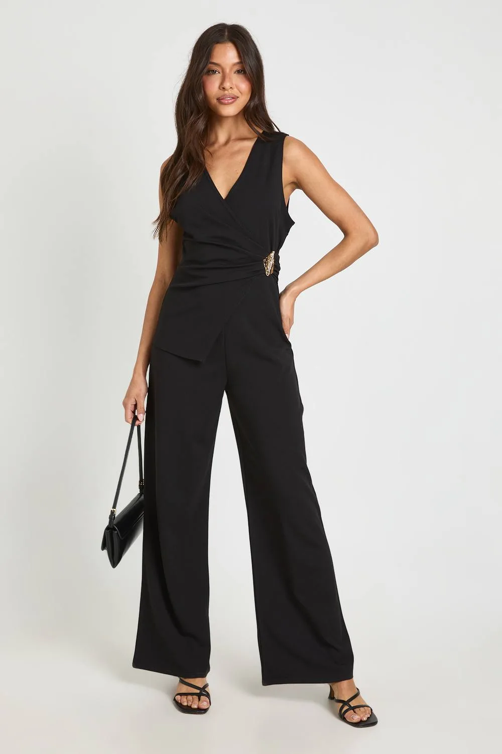 Jersey Crepe Gold Trim Wide Leg Jumpsuit - Polyurethane by boohoo