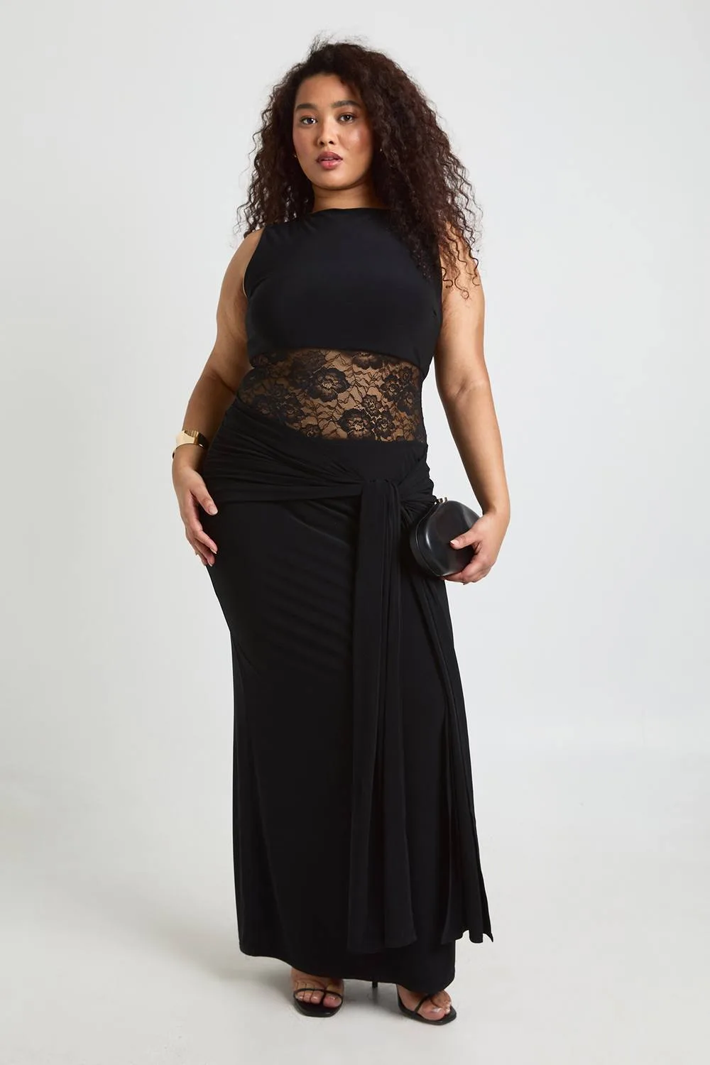 Racer Neck Lace Panel Tie Drape Maxi Dress - Knitted by boohoo
