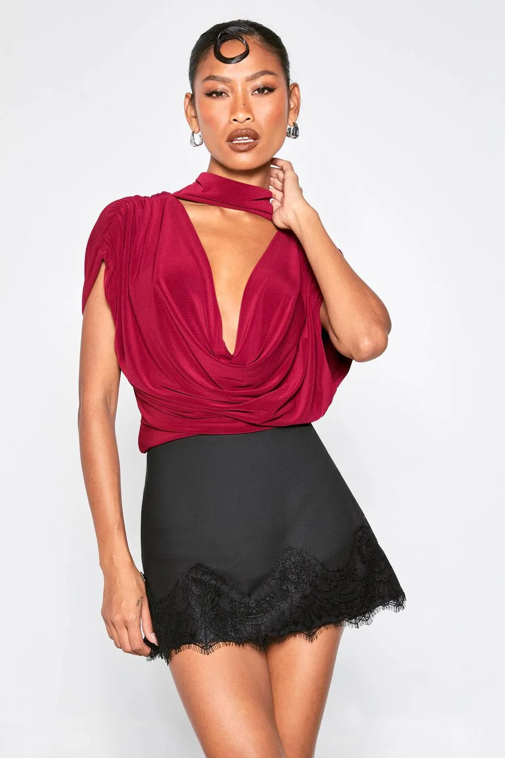 Double Layer Slinky Scarf Detail Ruched Shoulder Bodysuit - Knitted by boohoo