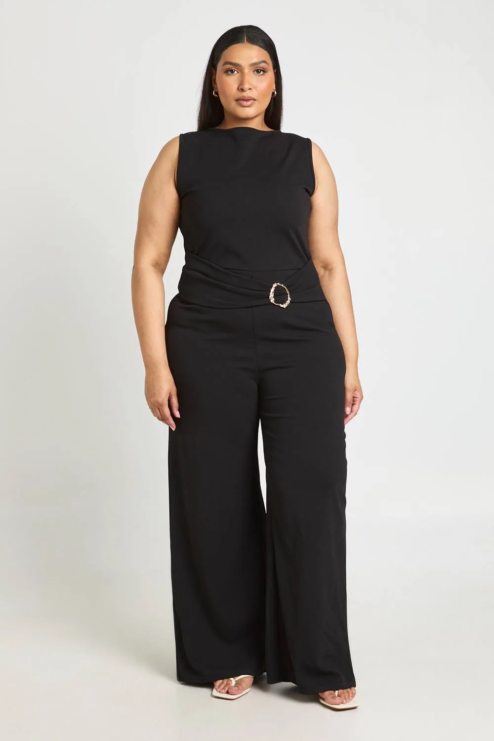 Belted Gold Trim Detail Wide Leg Jumpsuit - Knitted