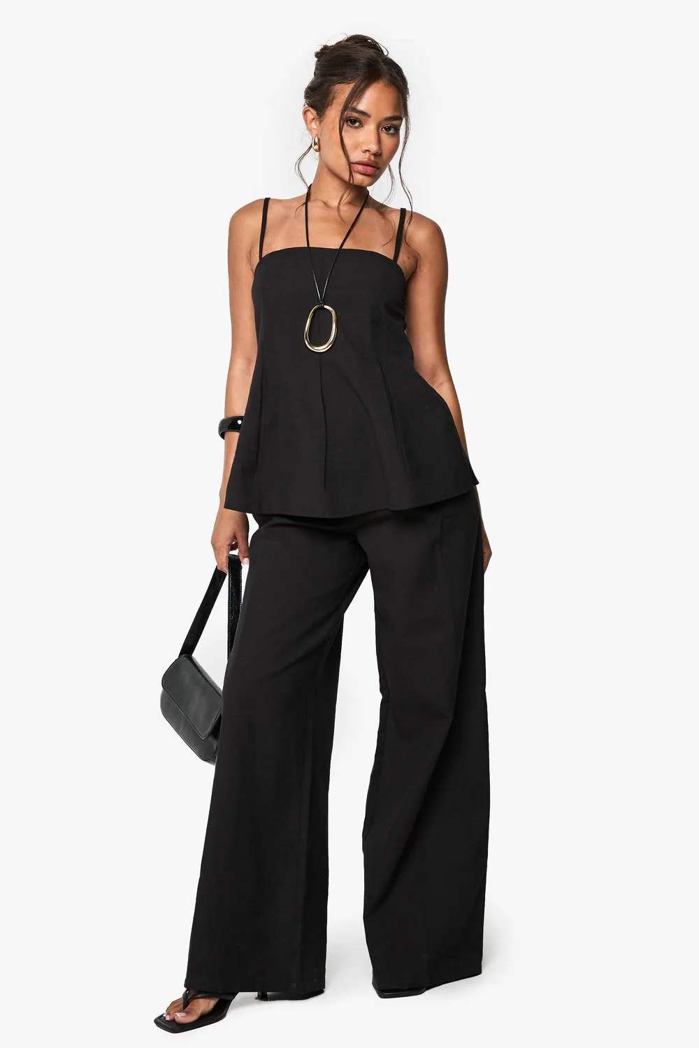 Linen Look Pleated Square Neck Cami Top & Wide Leg Trousers Co-Ord - Denim/Cotton/Linen