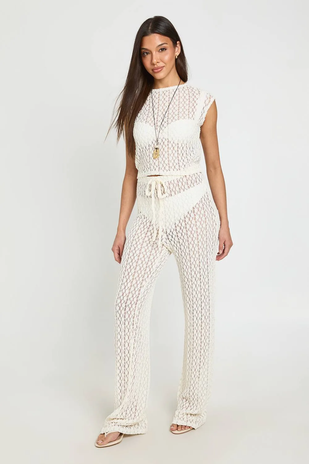 Floral Lace Drawstring Straight Leg Trouser - Polyurethane by boohoo