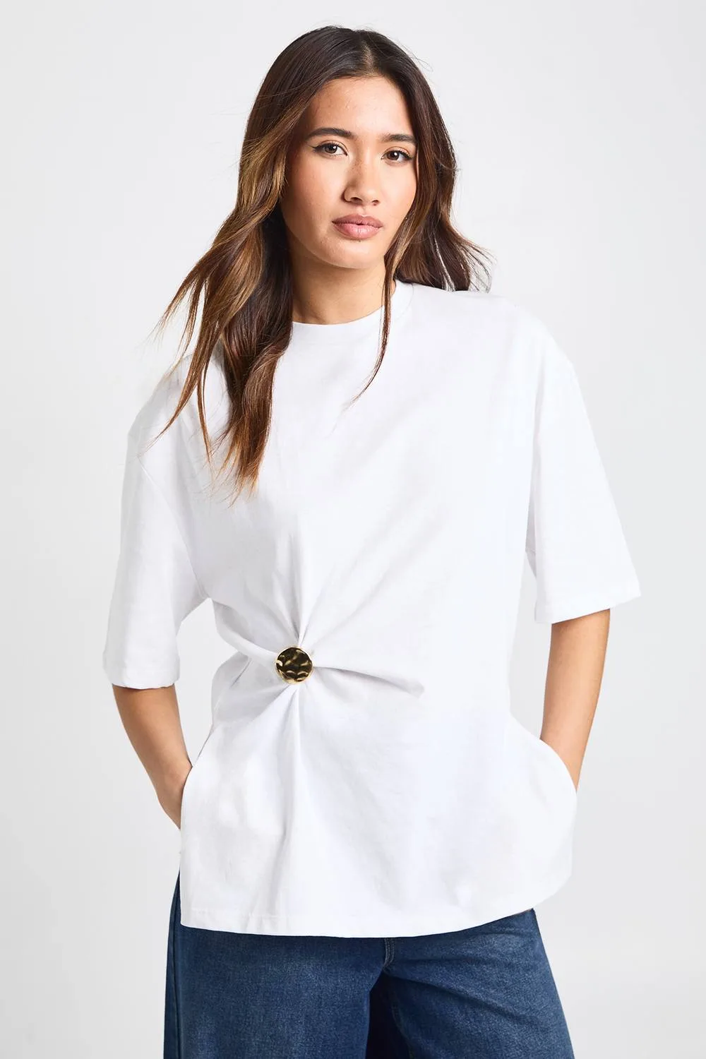 Cotton Gold Trim Detail Oversized T-Shirt - Knitted by boohoo