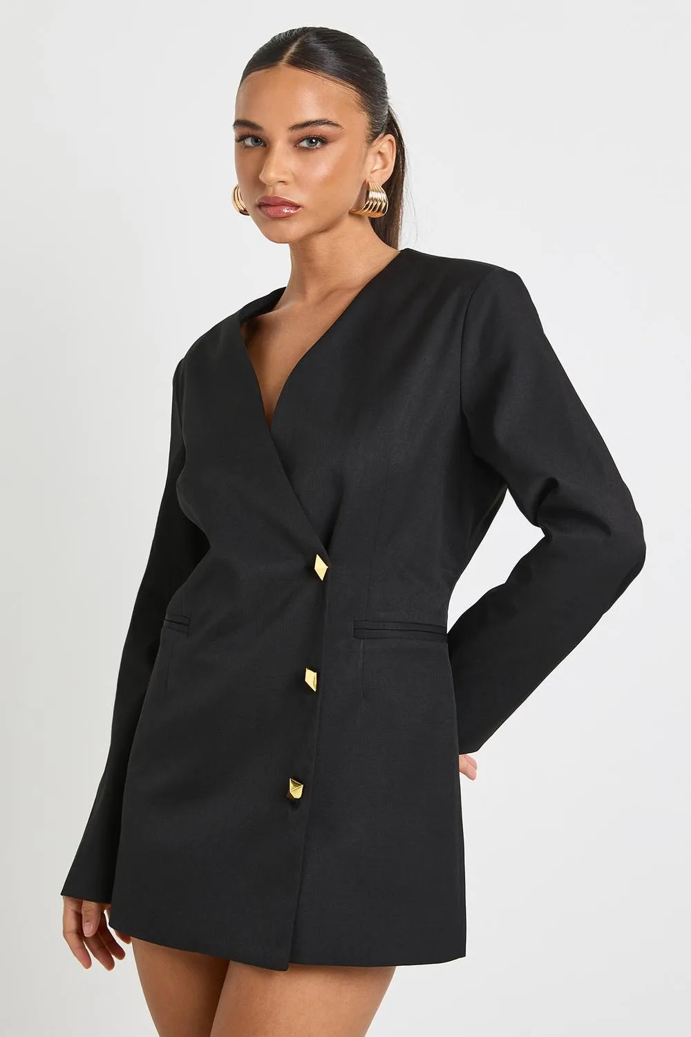 Gold Button Tailored Plunge Blazer Dress - Woven by boohoo