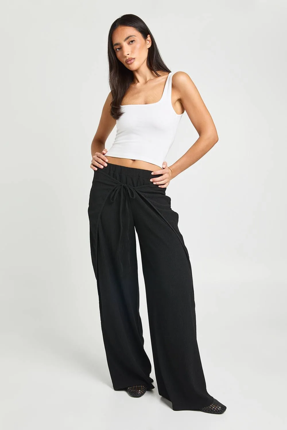 Textured Tie Front Wide Leg Trouser - Polyurethane by boohoo