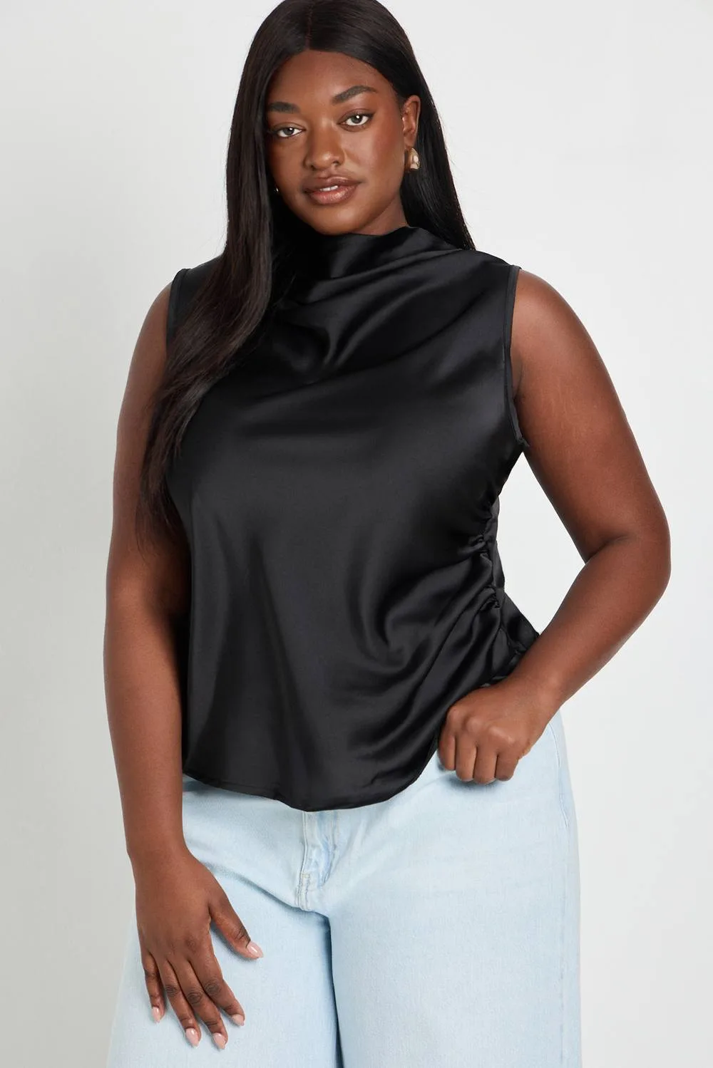 Satin Drape Ruched Side Top - Denim/Satin