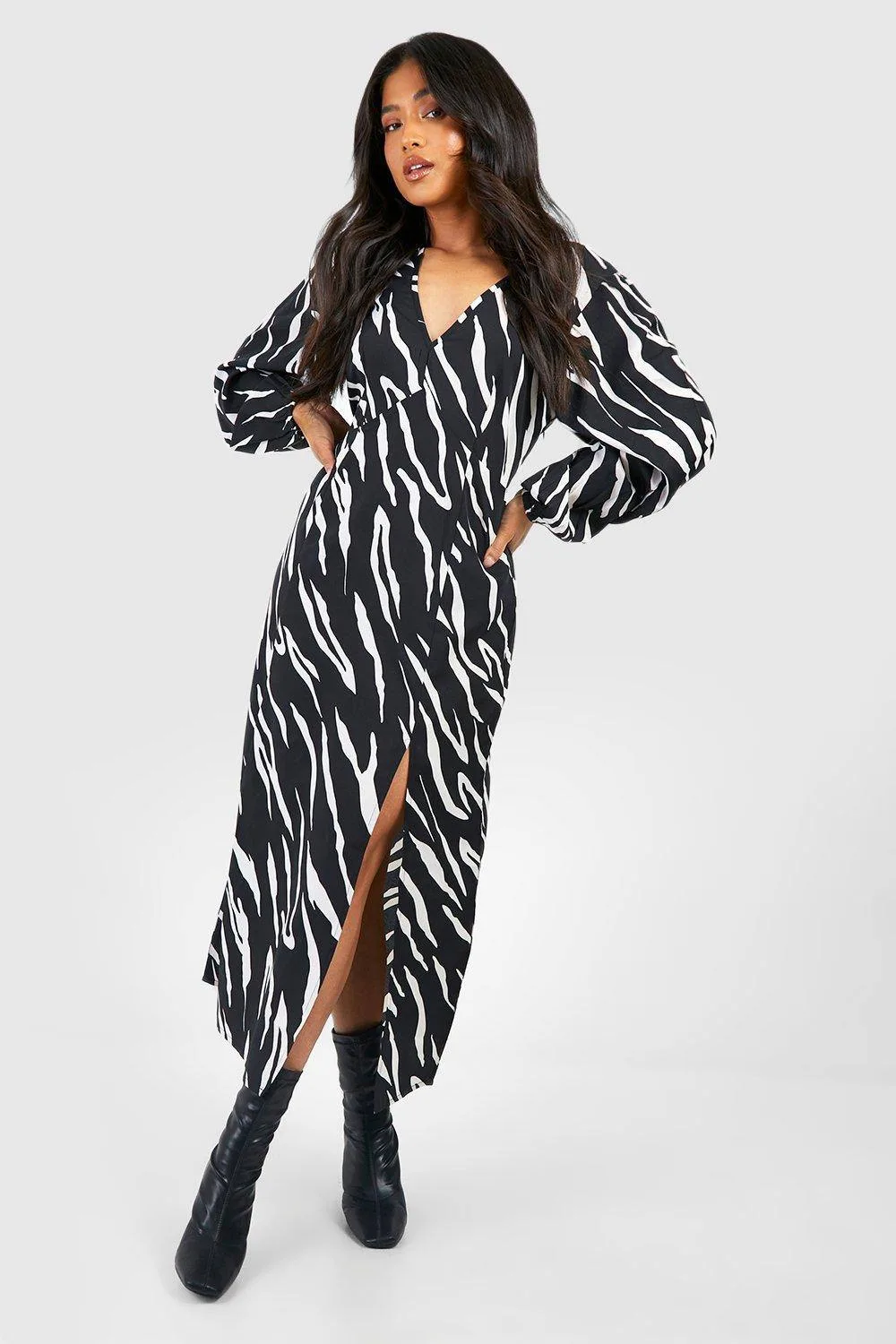 Zebra Print Blouson Sleeve Midaxi Dress - Satin by boohoo