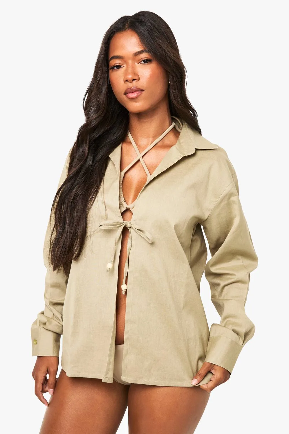 Cotton Beaded Beach Shirt - Denim/Cotton/Linen by boohoo