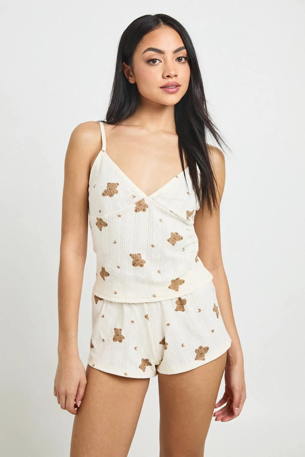 Bear Print Pointelle Lace Trim Cami & Short Pyjama Set - Polyurethane by boohoo