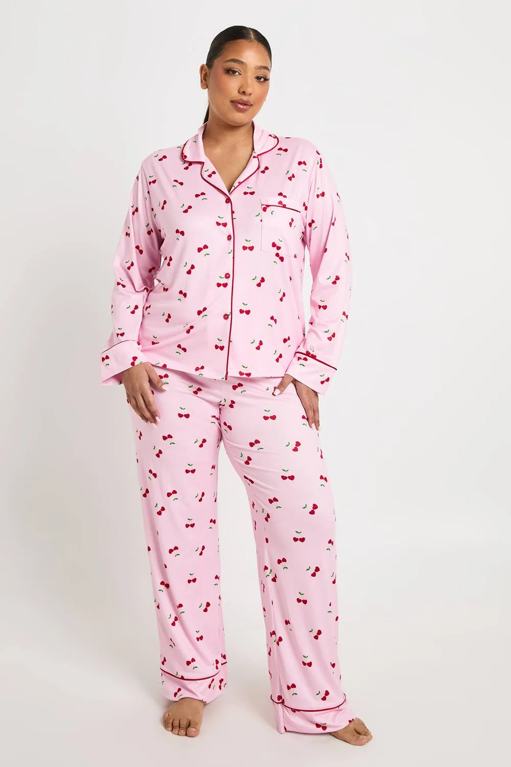 Heart Cherry Print Long Sleeve Shirt & Trouser 3 Piece Pyjama Set - Knitted by boohoo