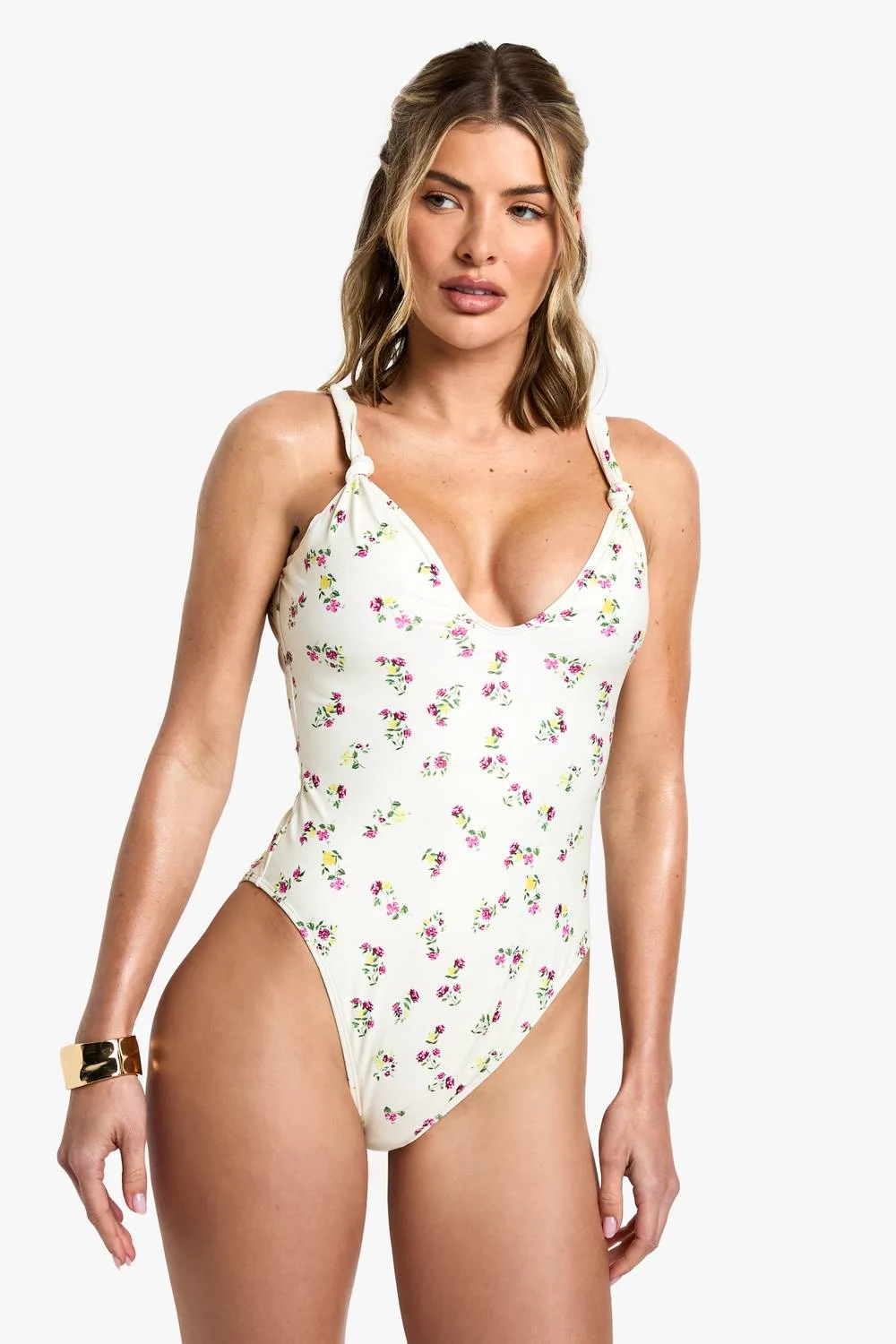 Ditsy Floral Print Knot Detail Plunge Swimsuit - Knitted by boohoo