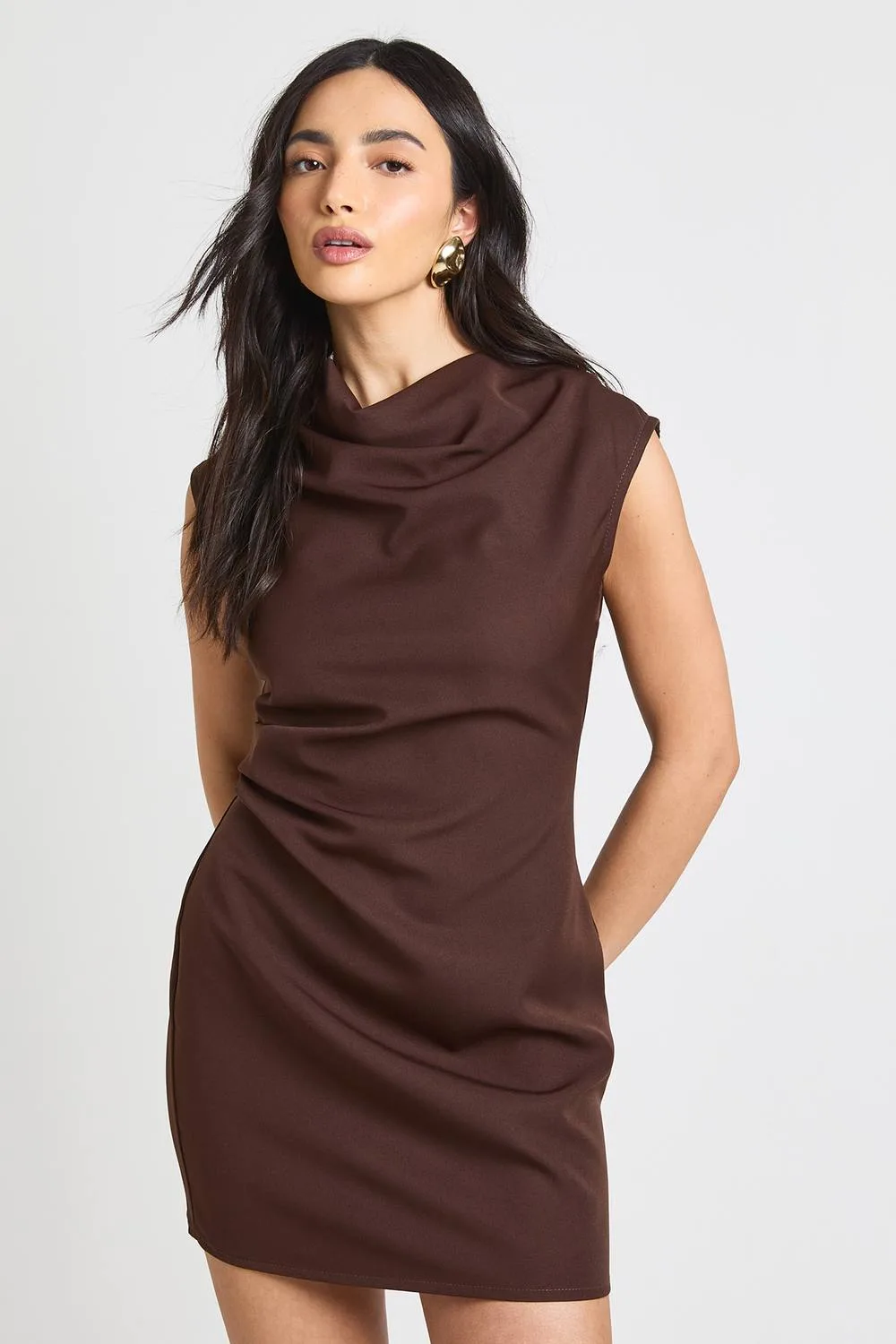 Cowl Pleat Detail Mini Dress - Woven
