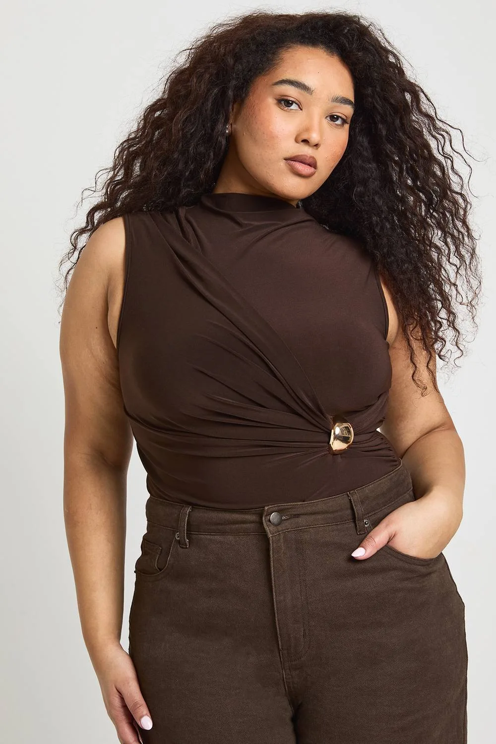 Ruched Drape Gold Trim Sleeveless Bodysuit - Knitted by boohoo
