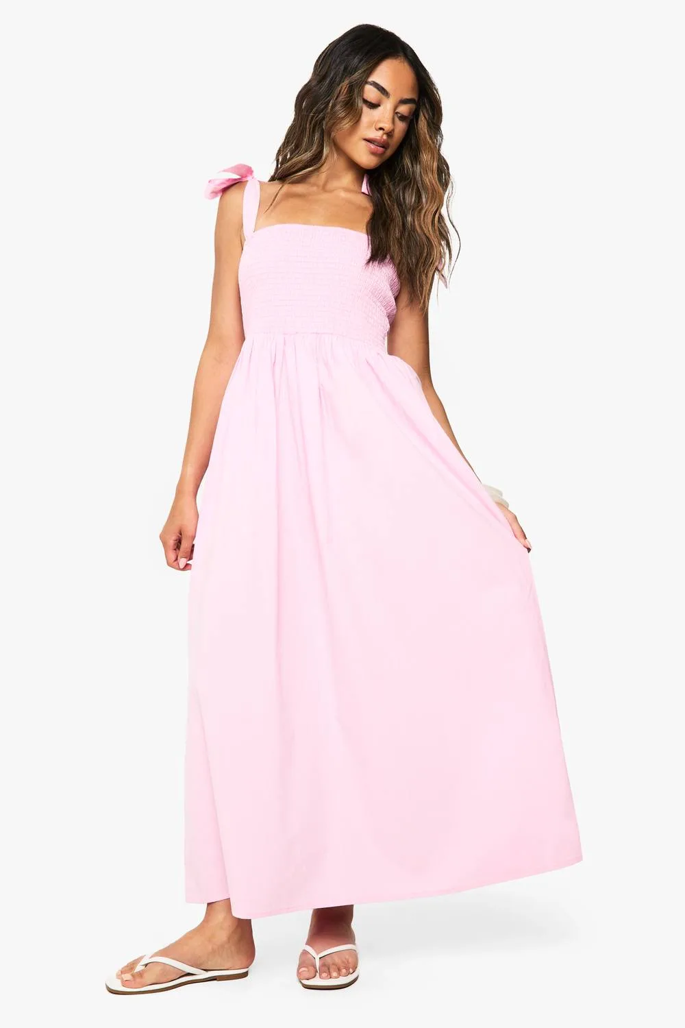 Tie Strap Shirred Poplin Maxi Dress - Denim/Cotton by boohoo