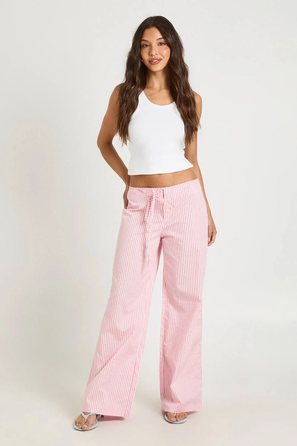 Low Rise Tie Detail Straight Leg Trouser - Denim/Linen/Polyurethane by boohoo