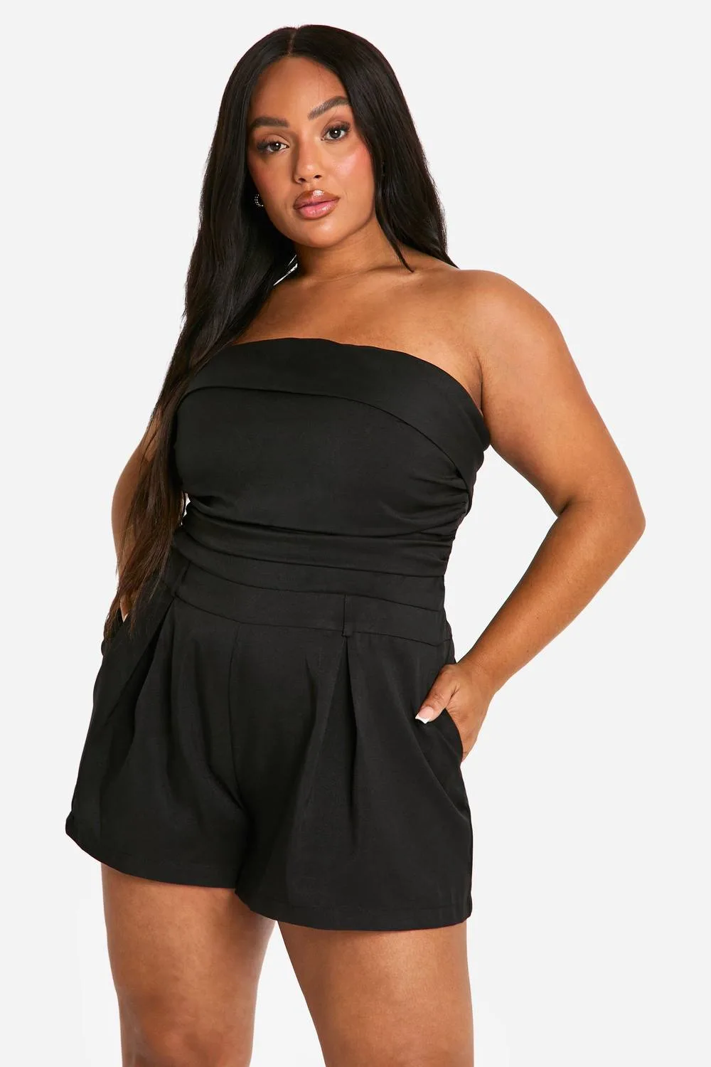 Woven Bandeau Ruched Detail Playsuit - Denim